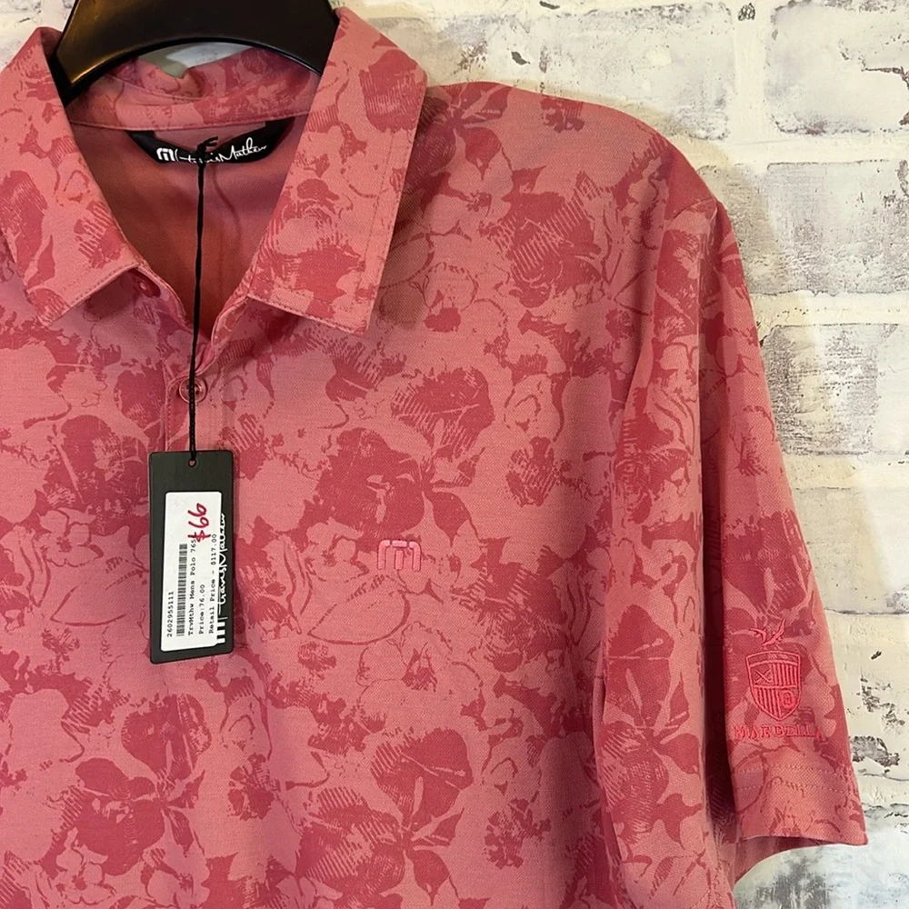 Travis Mathew Polo Shirt Mens Medium Pink Floral Marbella Golf Short Sleeve NWT - Picture 5 of 8